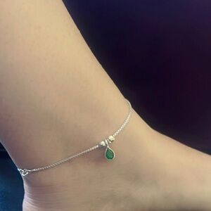 925 Silver Adjustable Anklet with Green Teardrop Charm